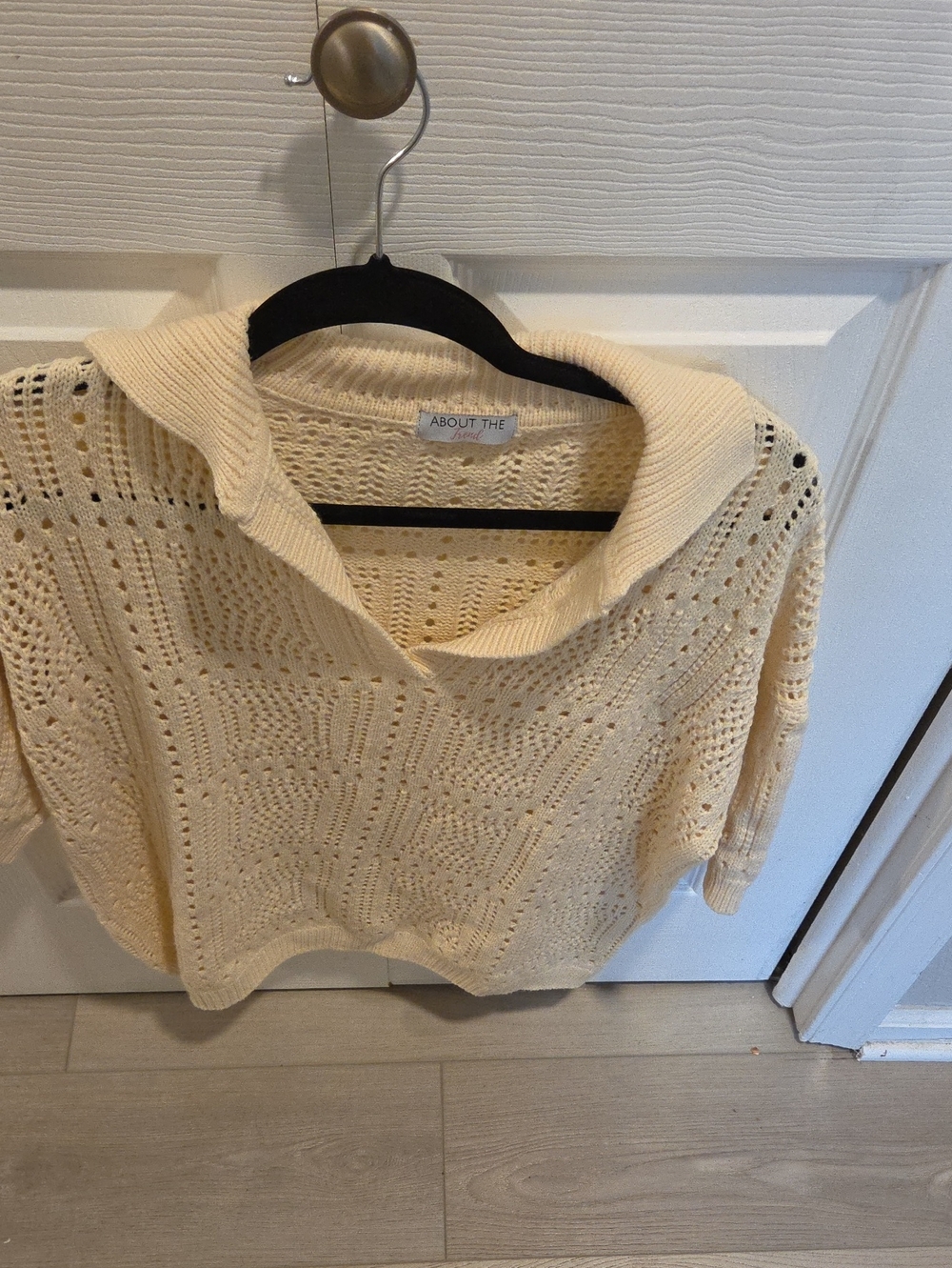 Cream Collared Pointelle V-Neck Sweater